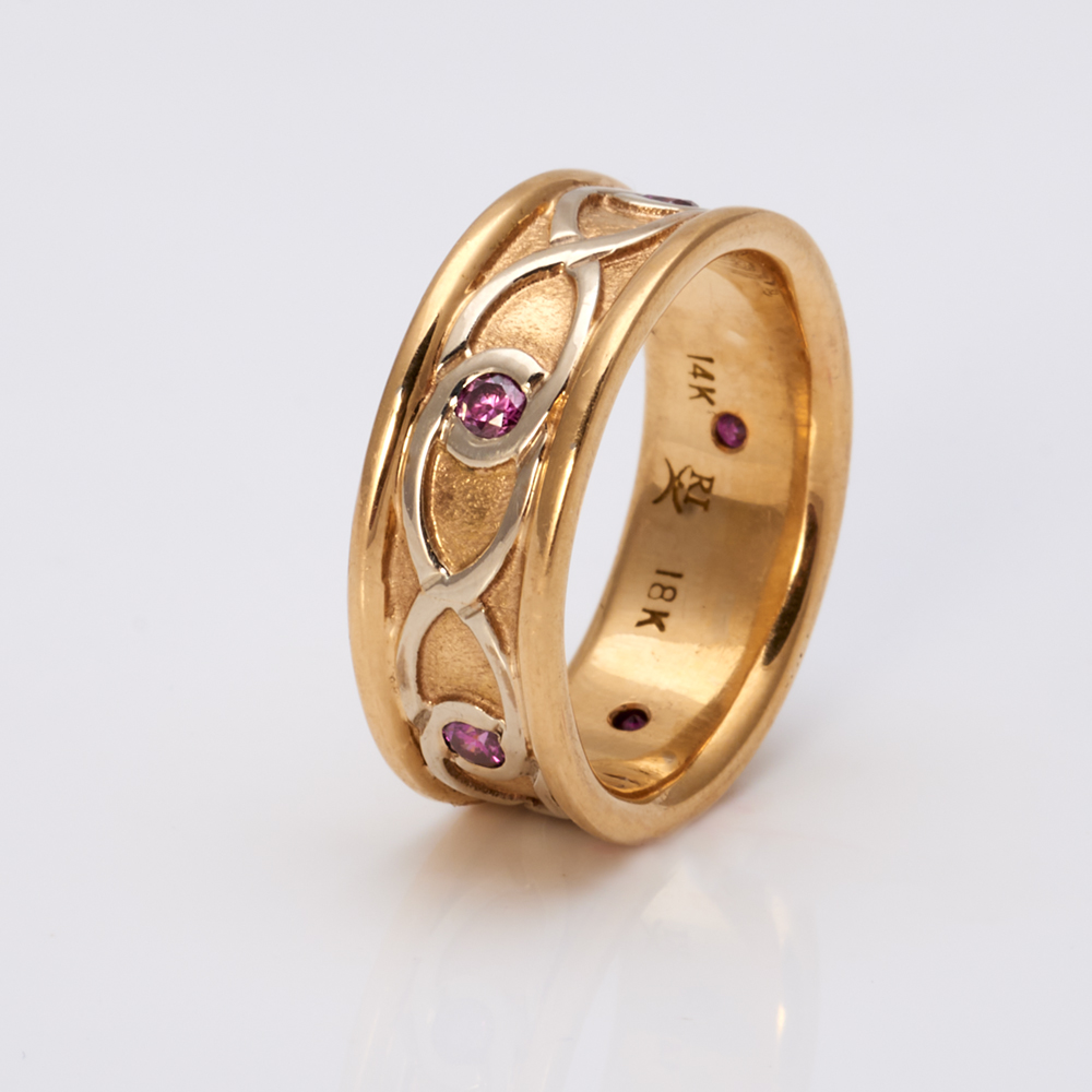 Wide Twinning Infinity Wedding Ring with Colored Diamonds in